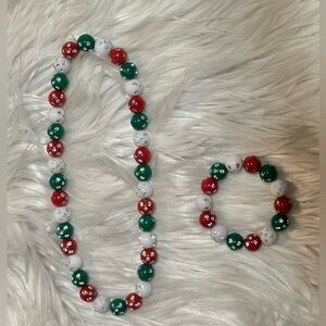 Kids Beaded Necklace and Bracelet Set - Red, Green, and White